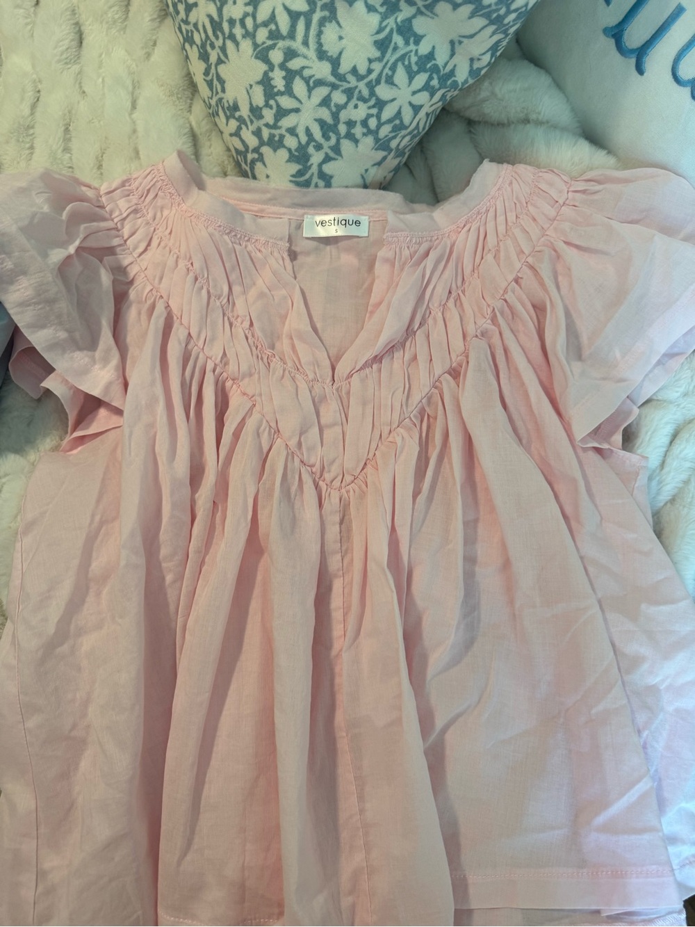 Vestique Pale Pink Smocked Flutter Sleeve Top